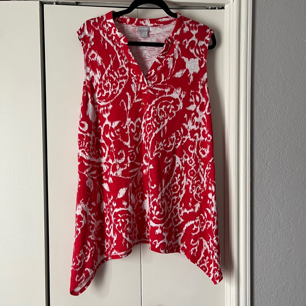 Chico's Red White Paisley Sleeveless Tank Top V-Neck Casual XL